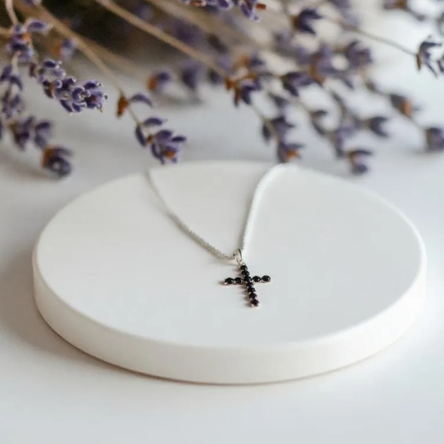 Mini Black Spinel Silver Cross