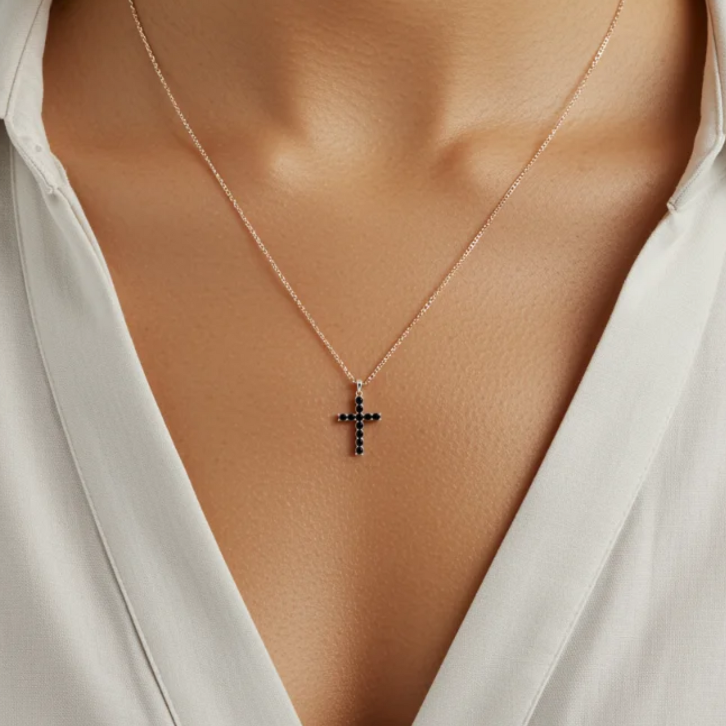 Mini Black Spinel Silver Cross