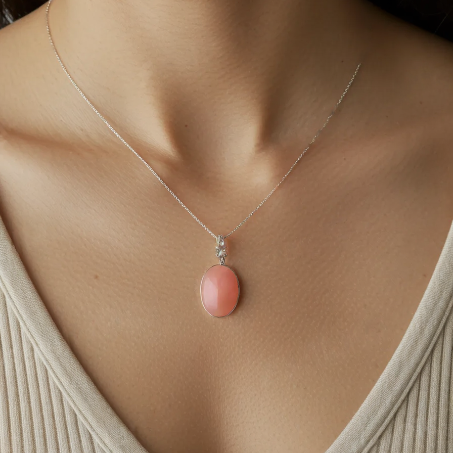 Serene Blossom – Rose Quartz Silver Pendant