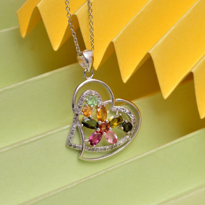 Rainbow Heart Tourmaline Silver Necklace