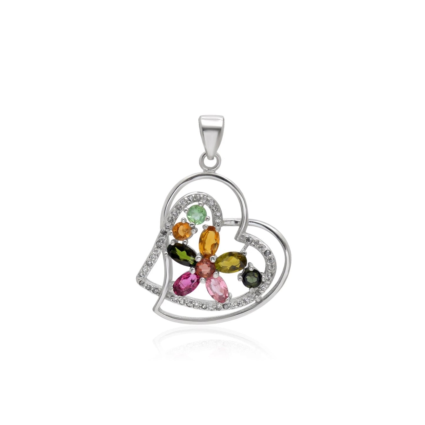 Rainbow Heart Tourmaline Silver Necklace
