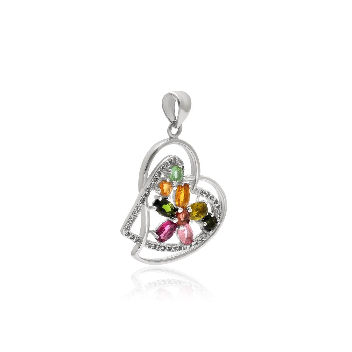 Rainbow Heart Tourmaline Silver Necklace