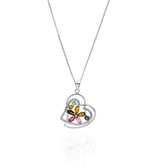 Rainbow Heart Tourmaline Silver Necklace